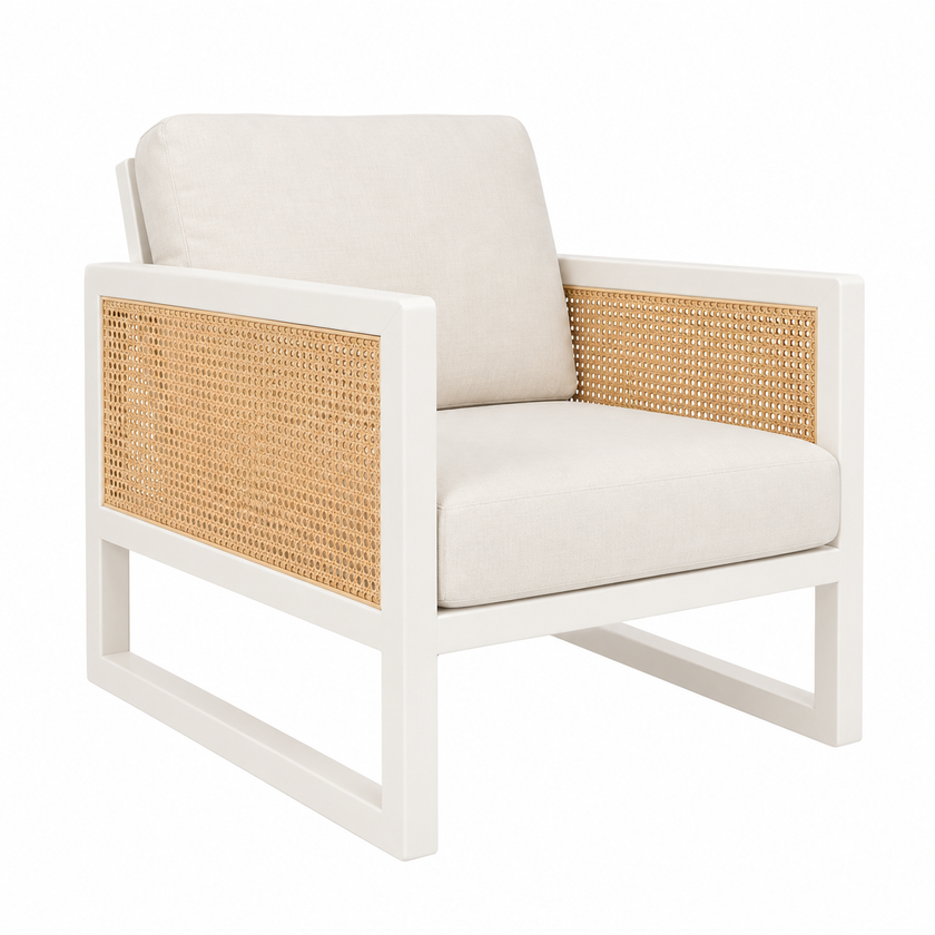 Rattan Armchair - White With Natural Cushions