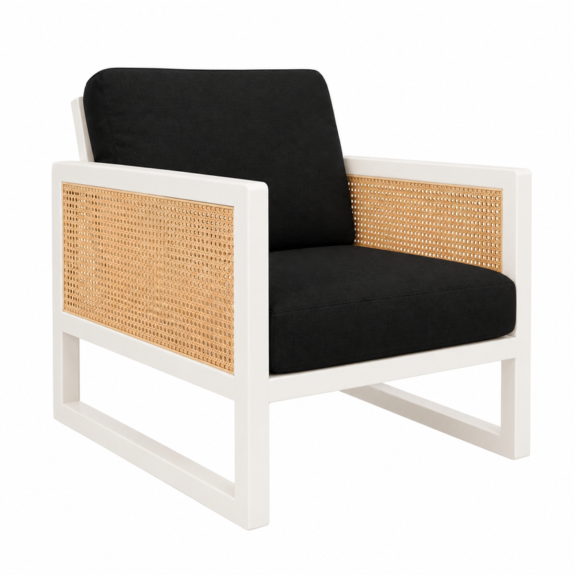 Rattan Armchair - White With Navy Cushions