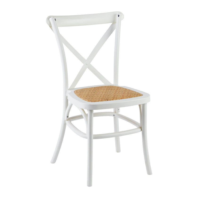 Cross Back Chair – White With Wicker Seat