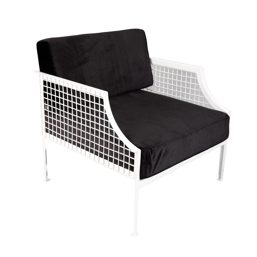 Marseille Mesh Single Seater Chair – White With Black Velvet Cushions