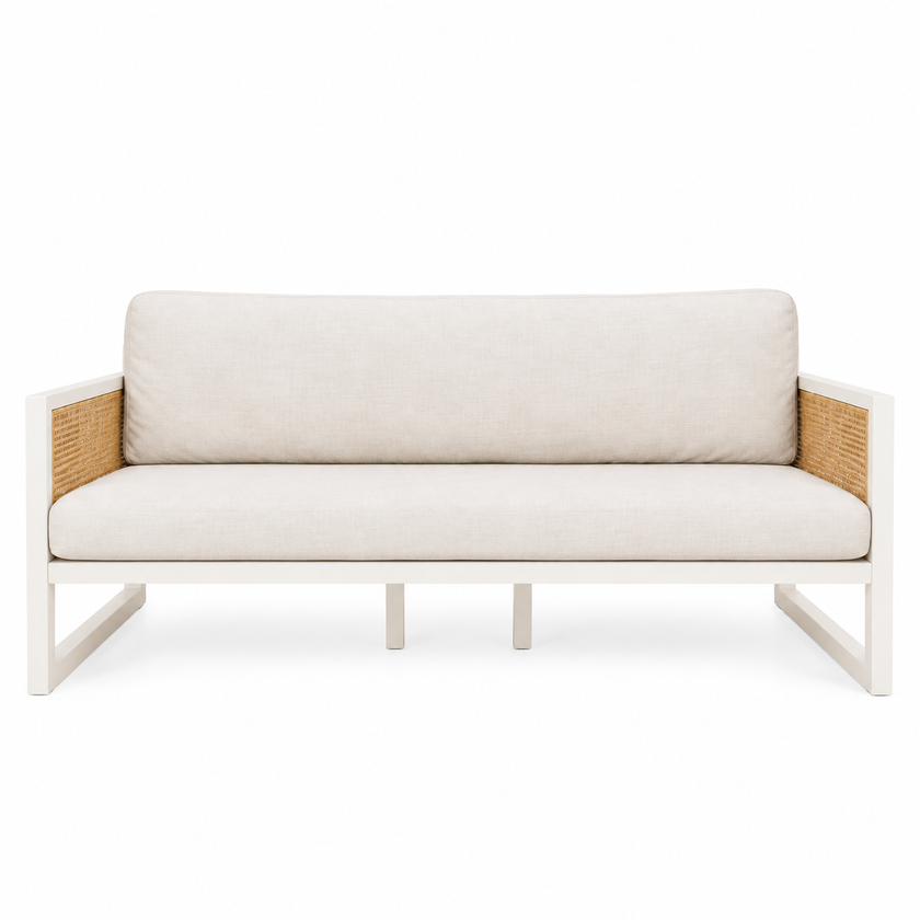 Rattan Sofa Lounge - White With Natural Cushions