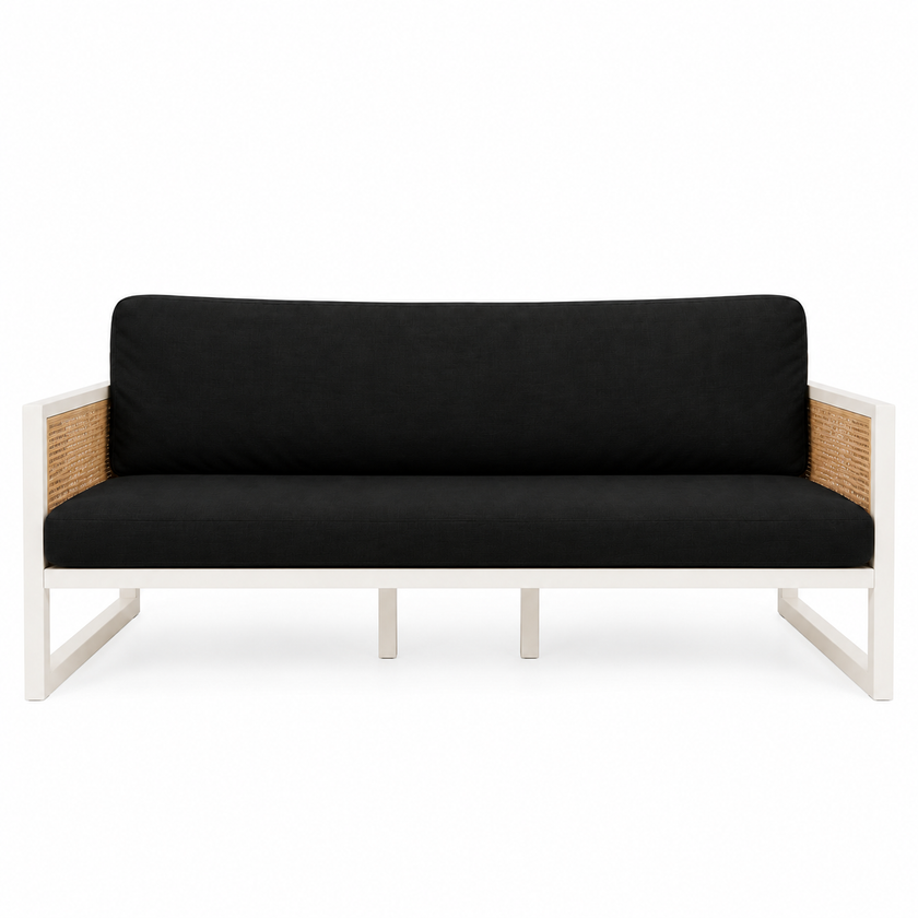 Rattan Sofa Lounge - White With Navy Cushions