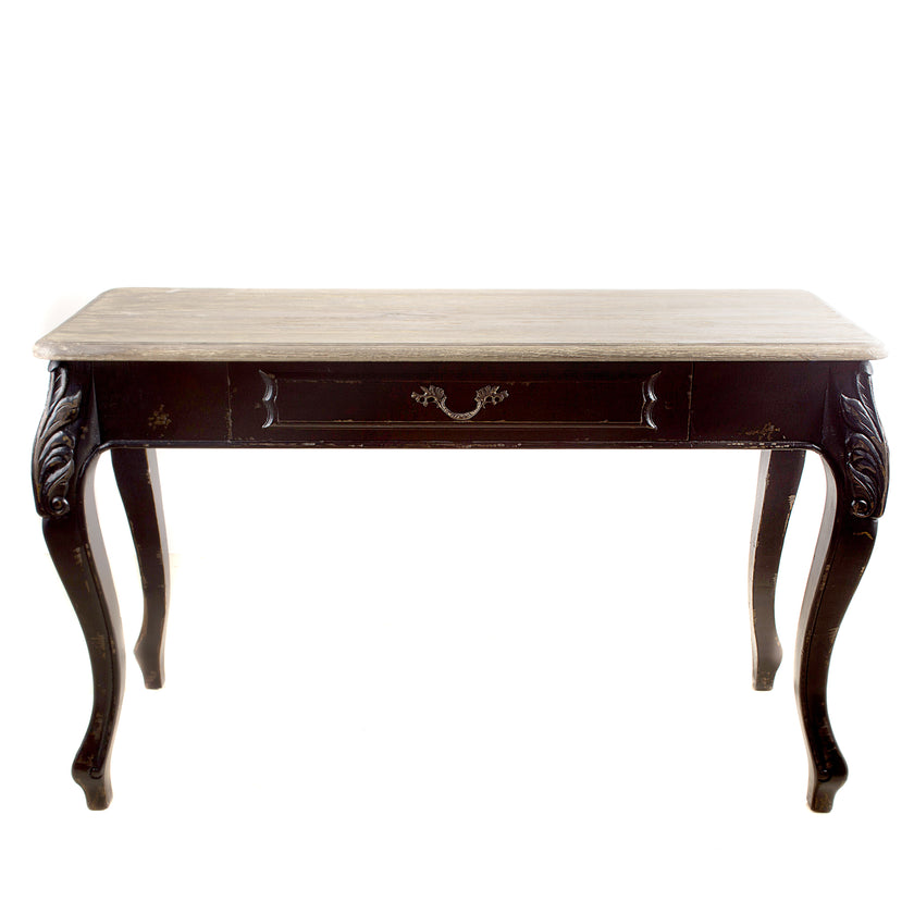 Signing Table – Ornate Black With Teak Top